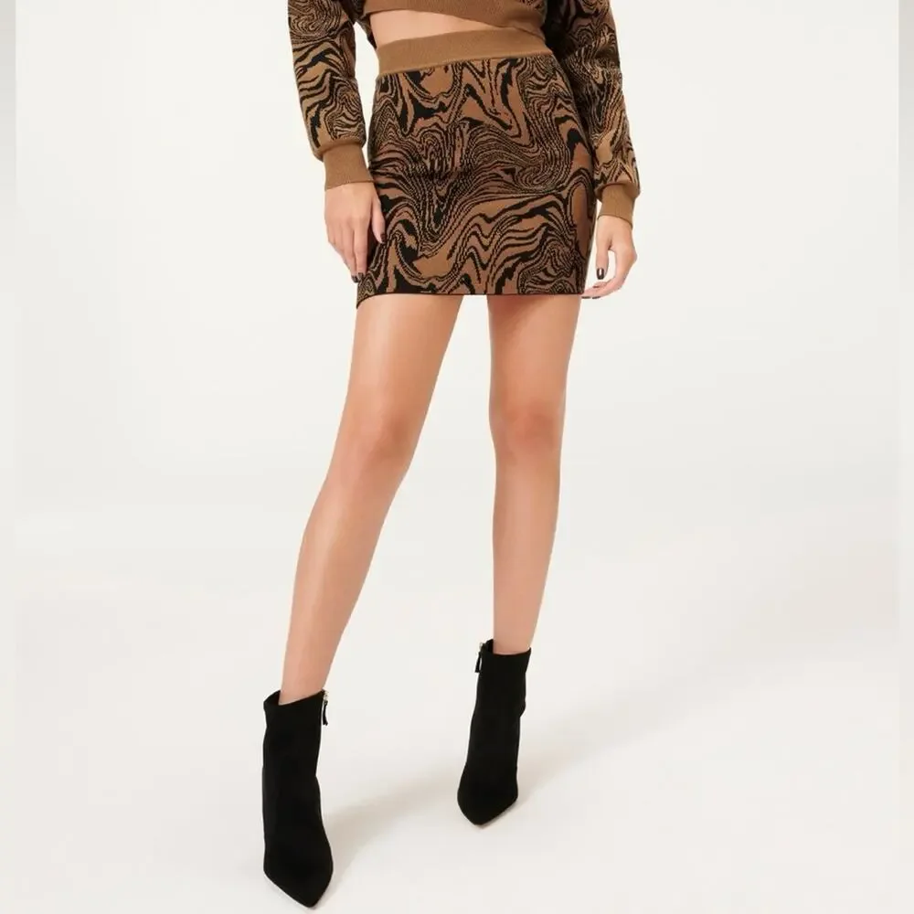 Good American Instarsia Knit Mini Skirt Stretch Sepia Swirl Black Size 00/0
